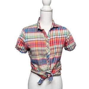 Woolrich Women Sz S Petite Red Short Sleeve Button Down Shirt Top Plaid